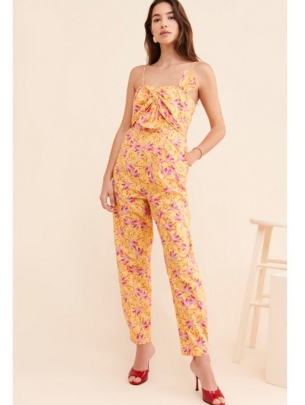 Farm Rio Banana Sunshine Bow Top Jumpsuit Jumper Yellow Pink Size XS Pockets